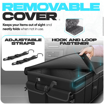 FORTEM Car Trunk Organizer, Collapsible Multi Compartment Car Organizer, Foldable SUV Storage for Car Accessories for Women Men, Non Slip Bottom, Securing Straps, Soft Cover 50L (Black, Standard)