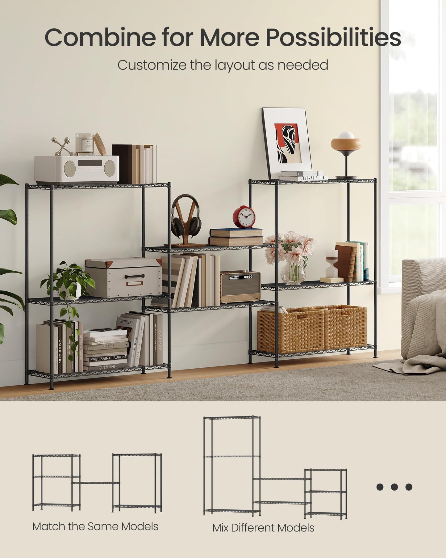 SONGMICS Storage Shelf, Small Metal Wire Shelving Unit, Adjustable Shelves, for Small Spaces, Garage, Bedroom, Living Room, Kitchen, Pantry, 5 Tier, 11.8 x 11.8 x 47.6 Inches, Ink Black ULGR123BH01
