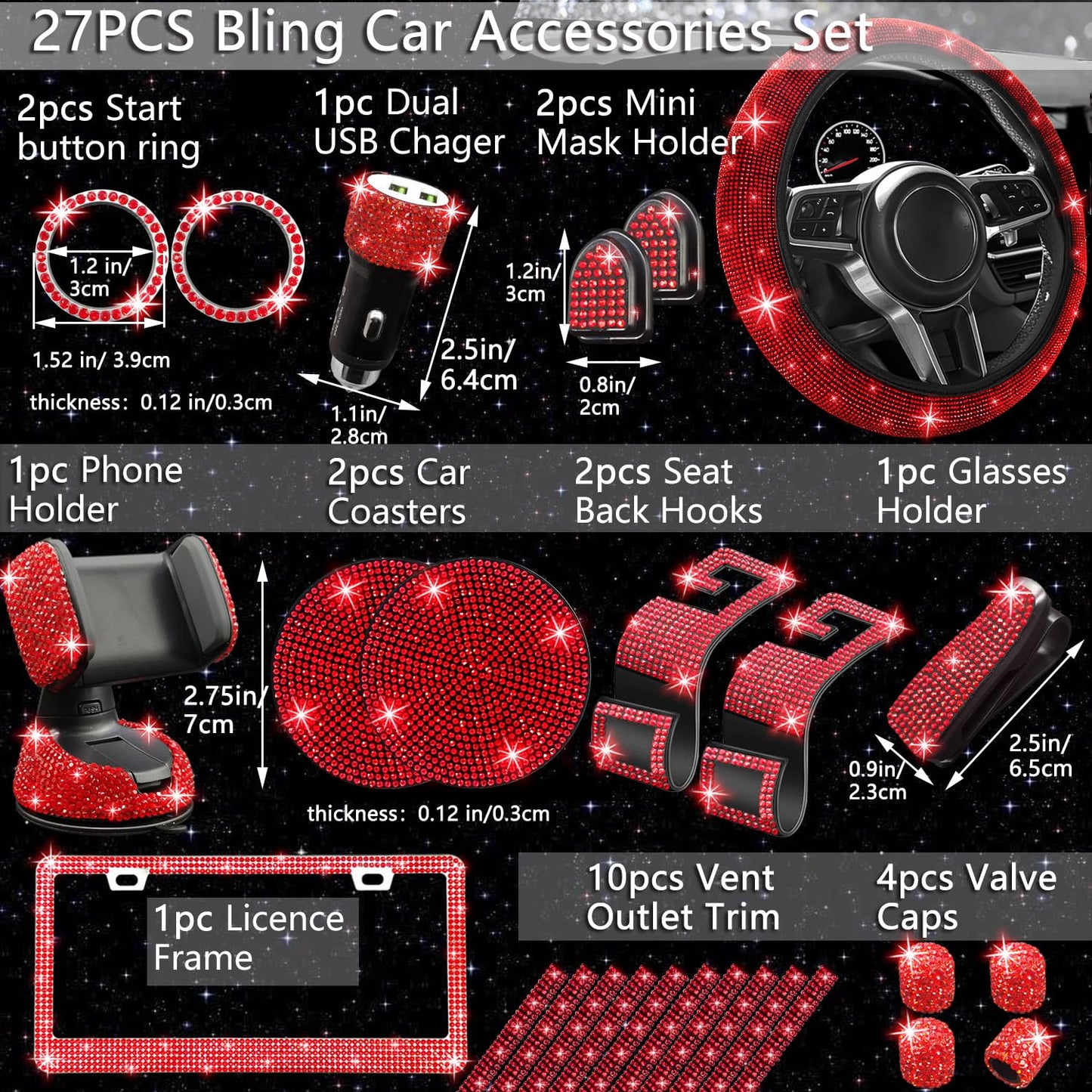 NBTEPEM 27-Piece Bling Car Accessories Set - Universal Fit Steering Wheel Covers, License Plate Frames, Phone Holder, Car Fast Charger, Coasters (Pink)