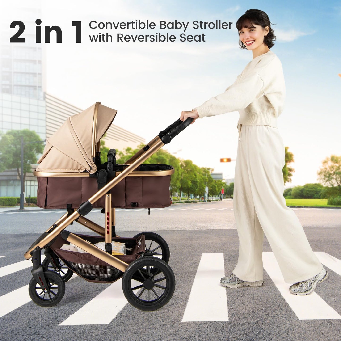 INFANS 2 in 1 Baby Stroller, Folding Newborn Pram Convertible Stroller Bassinet for Infant Foldable High Landscape Shock Absorption with Reversible Seat Aluminum Structure for Pushchair