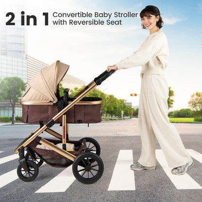 INFANS 2 in 1 Baby Stroller, Folding Newborn Pram Convertible Stroller Bassinet for Infant Foldable High Landscape Shock Absorption with Reversible Seat Aluminum Structure for Pushchair