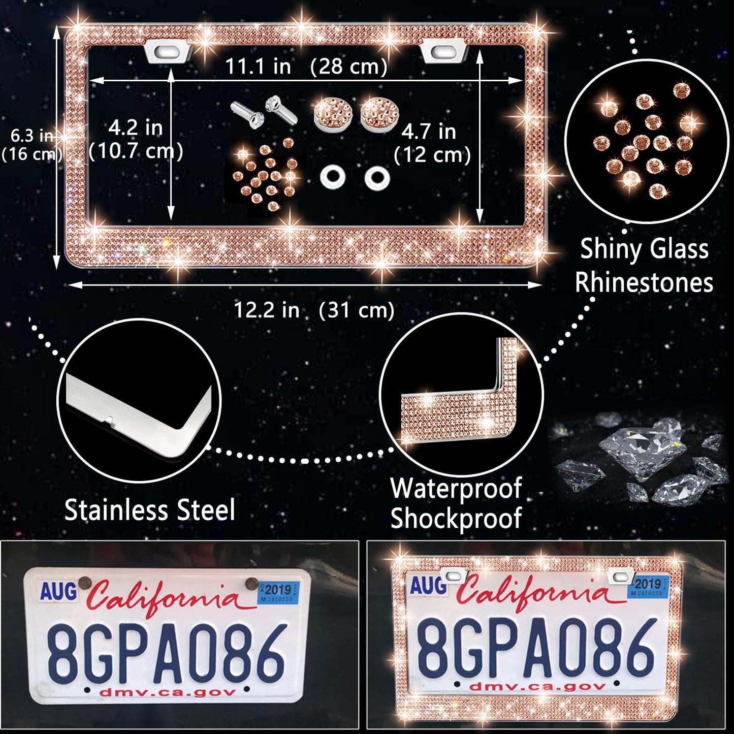 NBTEPEM 27-Piece Bling Car Accessories Set - Universal Fit Steering Wheel Covers, License Plate Frames, Phone Holder, Car Fast Charger, Coasters (Pink)