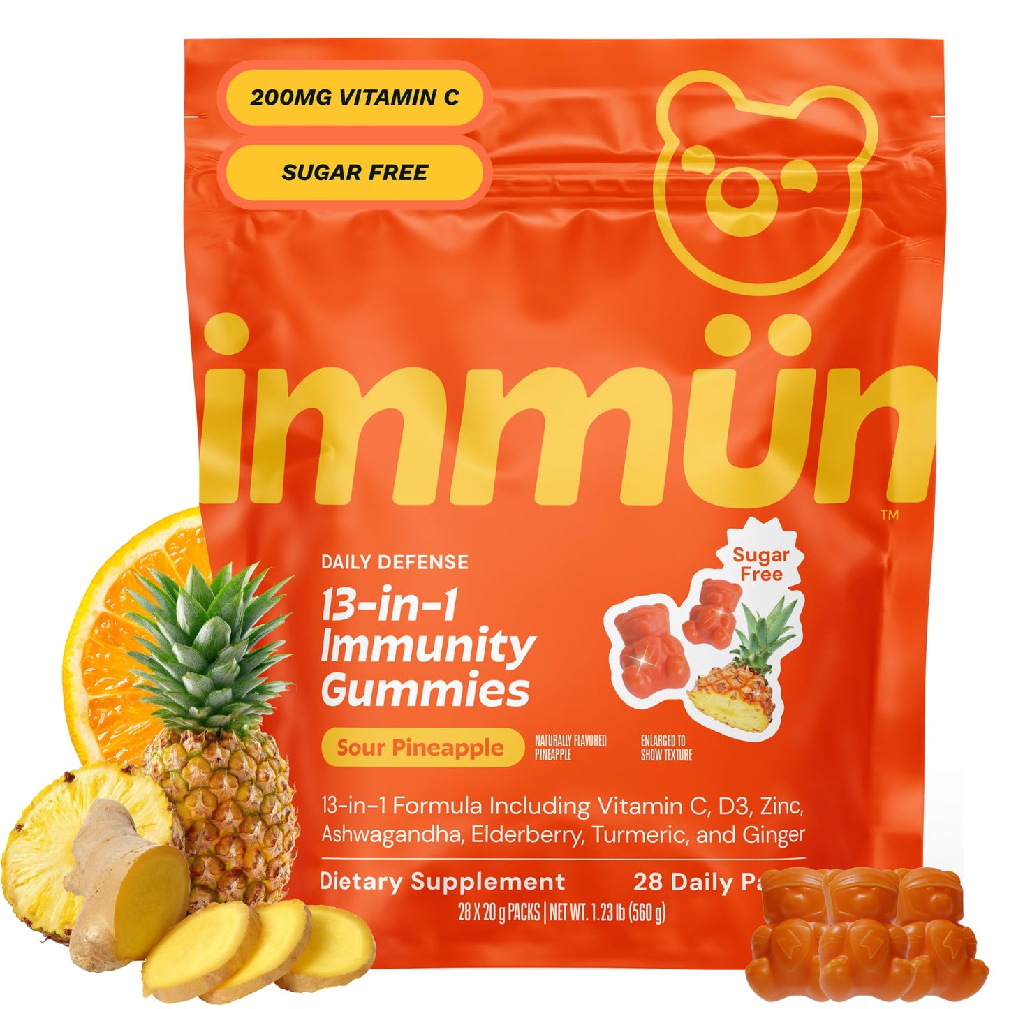 Grüns 3 x 28 Pack Immun Sugar Free Immunity Gummies with Vitamin C, Zinc, MCT Oil, & Turmeric - Daily Immune Support Supplement for Adults - Sour Pineapple Flavor (28 Count) (Pack of 3)
