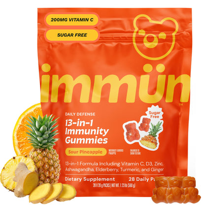 Grüns 3 x 28 Pack Immun Sugar Free Immunity Gummies with Vitamin C, Zinc, MCT Oil, & Turmeric - Daily Immune Support Supplement for Adults - Sour Pineapple Flavor (28 Count) (Pack of 3)