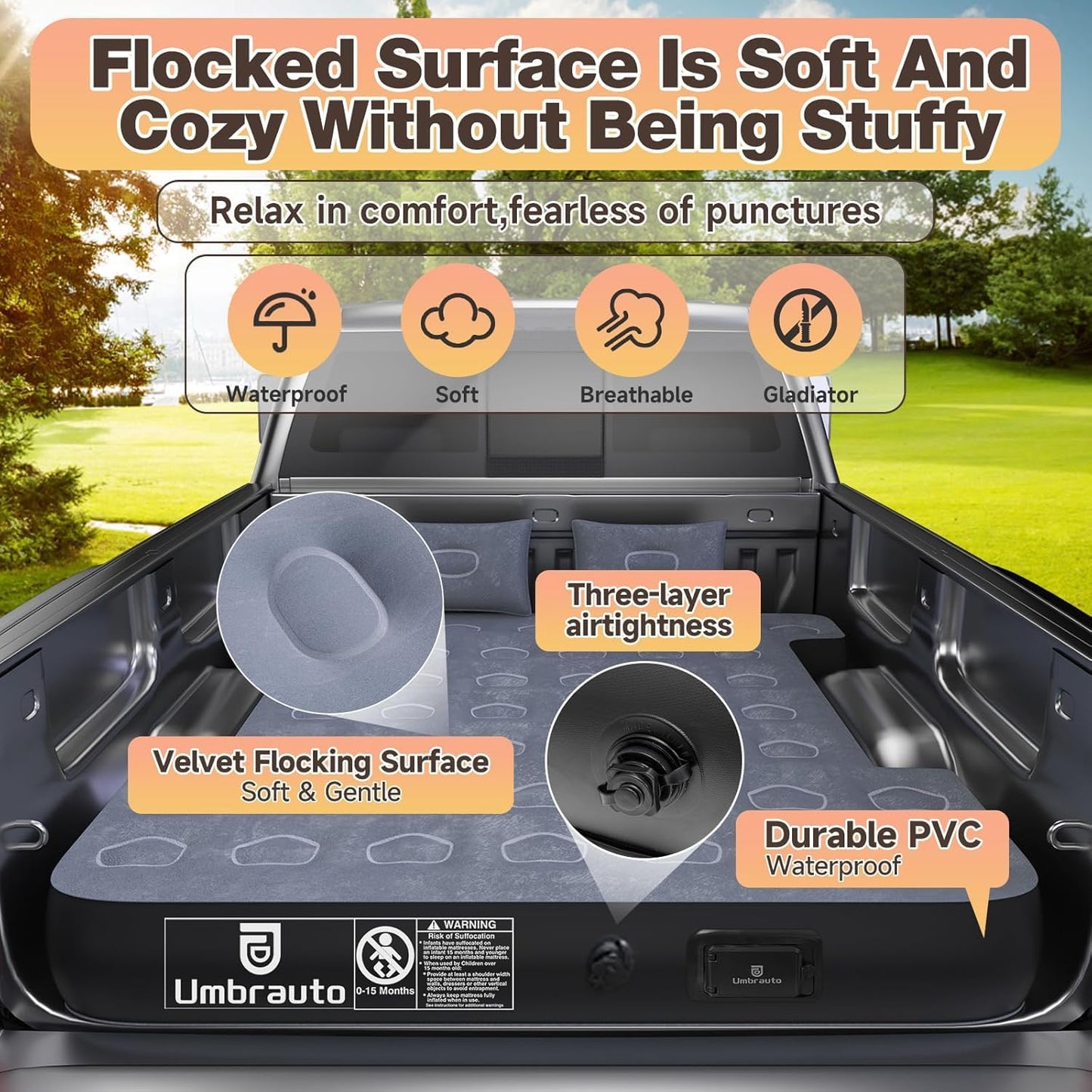 Umbrauto Car Air Mattress Backseat| Inflatable Truck Back Seat Camping Airbed for SUV Rear Seat, Blow Up Sleeping Travel Bed for Van Trunk with Pump & Pillows