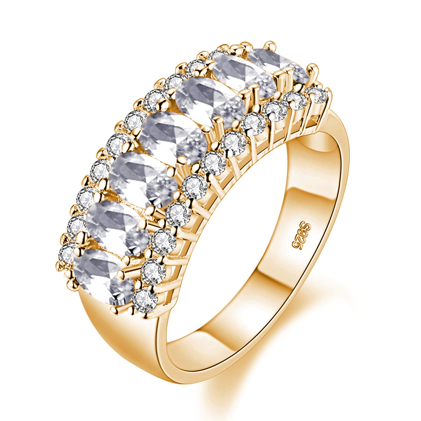 Uloveido Women's Gold Plated 7 Stones Eternity Band Ring Half Moon Design Wedding Bands with Oval CZ J501