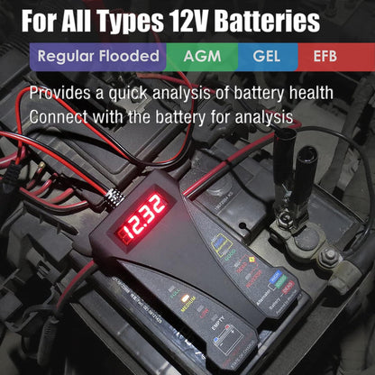 MOTOPOWER MP0514A 12V Digitaler Autobatterietester Voltmeter und Ladesystemanalysator mit LCD-Anzeige und LED-Indikation – Schwarze Gummifarbe