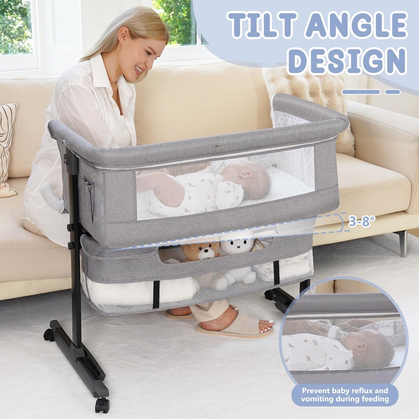 Semphis Baby Bassinet, 3 in 1 Bassinets Bedside Sleeper, Adjustable Height Bedside Sleeper with Rocking Mode, Breathable Mesh, Storage Basket, Wheels, Easy Assemble & Folding (Gray)