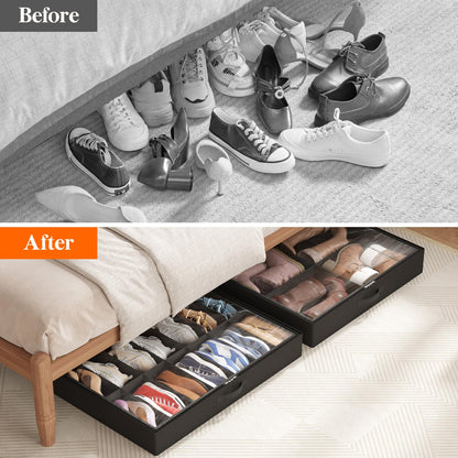 Lifewit Under Bed Shoe Storage Organizer 2 Pack(12 Shoes Cells), 4.3 Inches Profile Fabric Shoes Container Box with Clear Cover, Foldable Storage Bag with 2 Handles, Fits 12 to 24 Pairs
