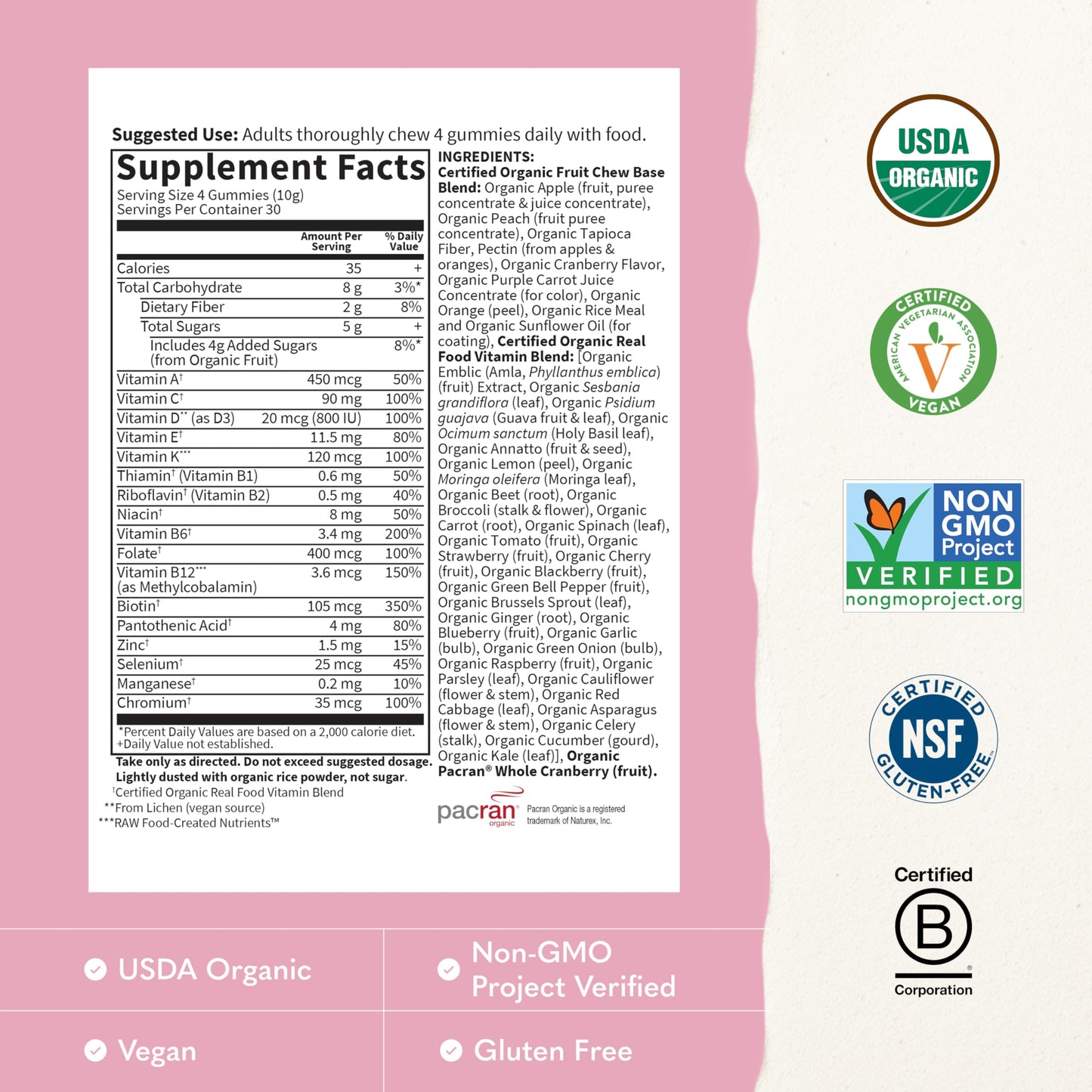 Garden of Life Organics Women's Gummy Vitamins - Berry - Certified Organic, Non-GMO, Vegan, Kosher Complete Multi - Methyl B12, C & D3 - Gluten, Soy & Dairy Free, 120 Real Fruit Gummies (Pack of 6)