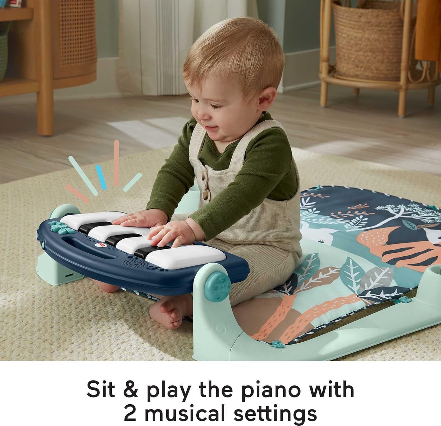 Fisher-Price Baby-Spielmatte „Glow and Grow Kick & Play Piano Gym“, blaues musikalisches Lernspielzeug mit Entwicklungsaktivitäten für Neugeborene ab 0 Monaten