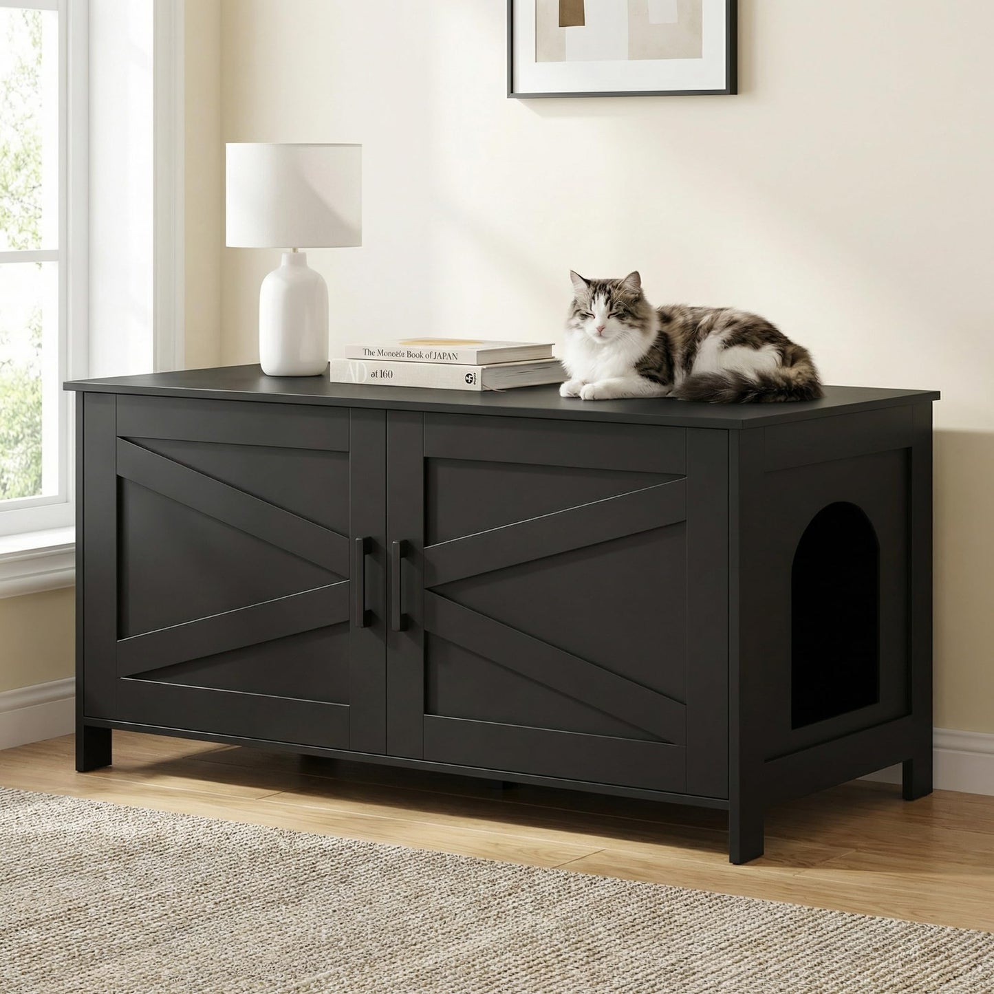 Homhedy Cat Litter Box Enclosure, Wooden Cat Washroom Furniture with Barn Door, Pet House, Fit Most of Litter Box, White