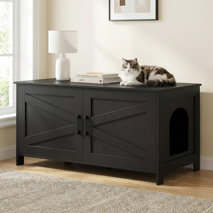 Homhedy Cat Litter Box Enclosure, Wooden Cat Washroom Furniture with Barn Door, Pet House, Fit Most of Litter Box, White