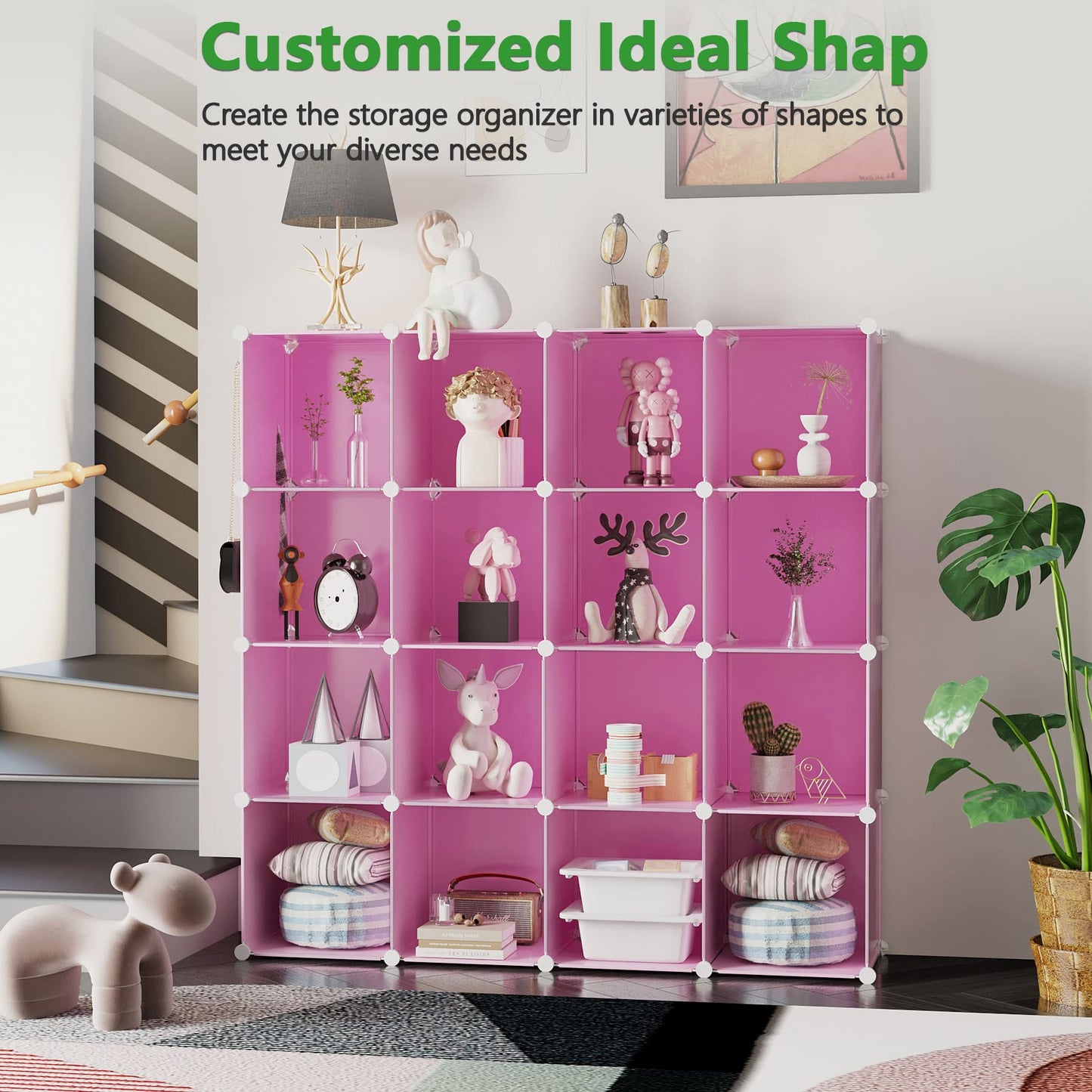 C&AHOME Cube Storage Organizer, 16-Cube Shelves Units, Plastic Storage Cubes, DIY Closet Organizer, Modular Closet Storage Shelves Ideal for Home, Bedroom, 48.4" L × 12.4" W × 48.4" H Black SUM3016H