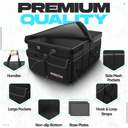 FORTEM Car Trunk Organizer, Collapsible Multi Compartment Car Organizer, Foldable SUV Storage for Car Accessories for Women Men, Non Slip Bottom, Securing Straps, Soft Cover 50L (Black, Standard)