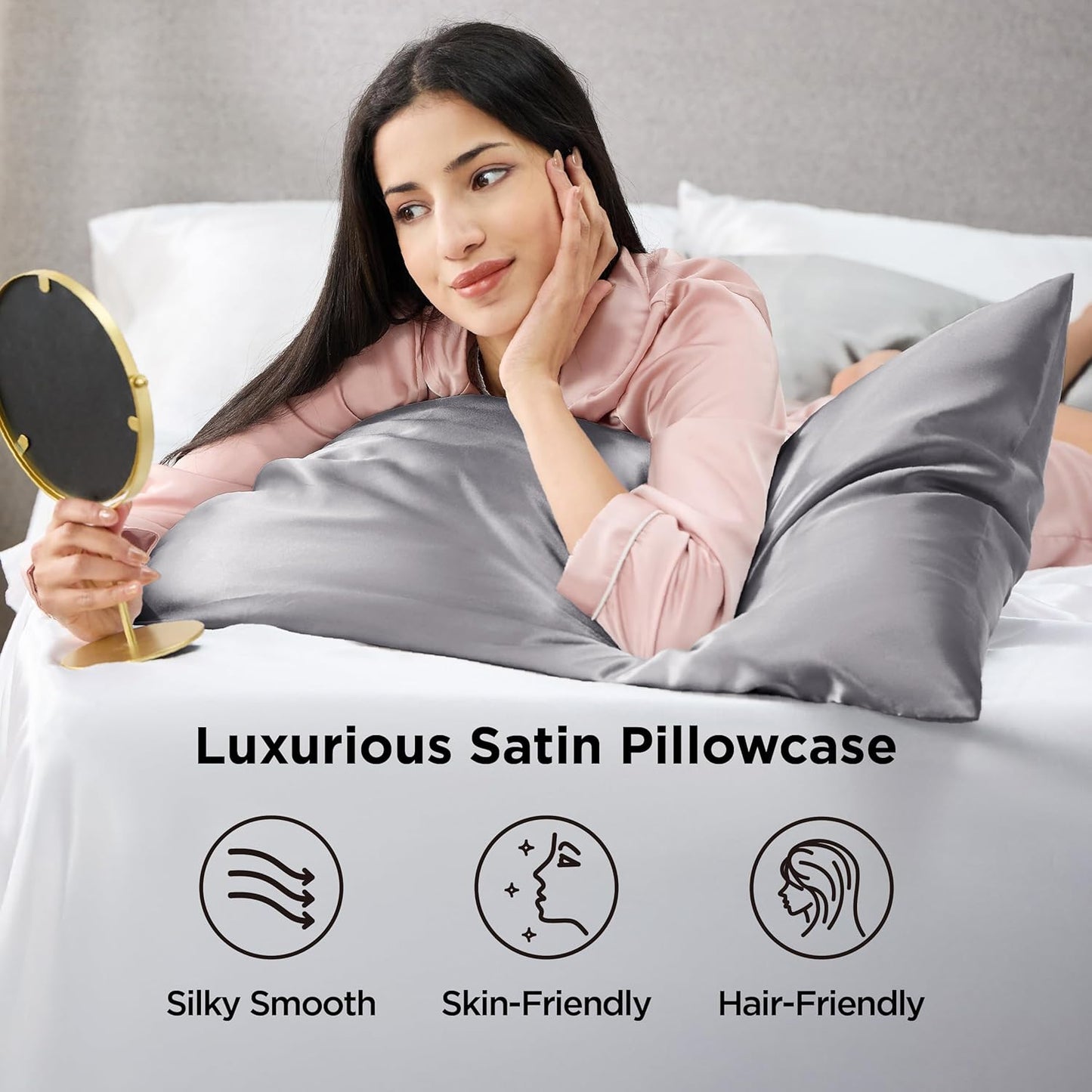 Bedsure Satin-Kissenbezug, Queen-Size, 2er-Pack, Seidenkissenbezügen ähnlich, seidige Kissenhüllen mit Hotelverschluss, Raumdeko, Valentinsgeschenke für Frauen und Männer, Grau, 50x75 cm