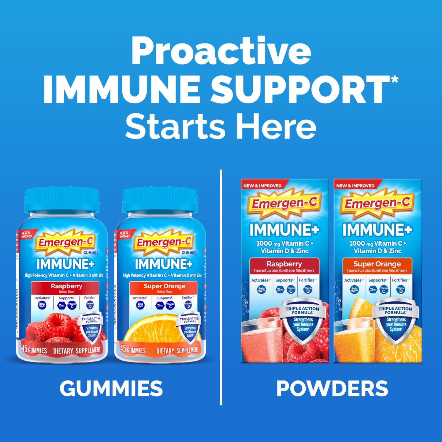 Emergen-C Immune+ Triple Action Immune Support Gummies, BetaVia (R), 1000mg Vitamin C, B Vitamins, Vitamin D and Antioxidants, Super Orange, Back to School Essentials - 45 Count (Pack of 12)
