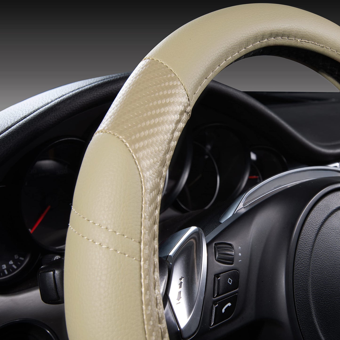 CAR PASS Line Rider Mikrofaser-Leder Sportlicher Lenkradbezug Universal Passend für 95% LKW, SUV, PKW, 36,8-38,1 cm Rutschfest Sicher Bequem Design (Schwarz-Grau)