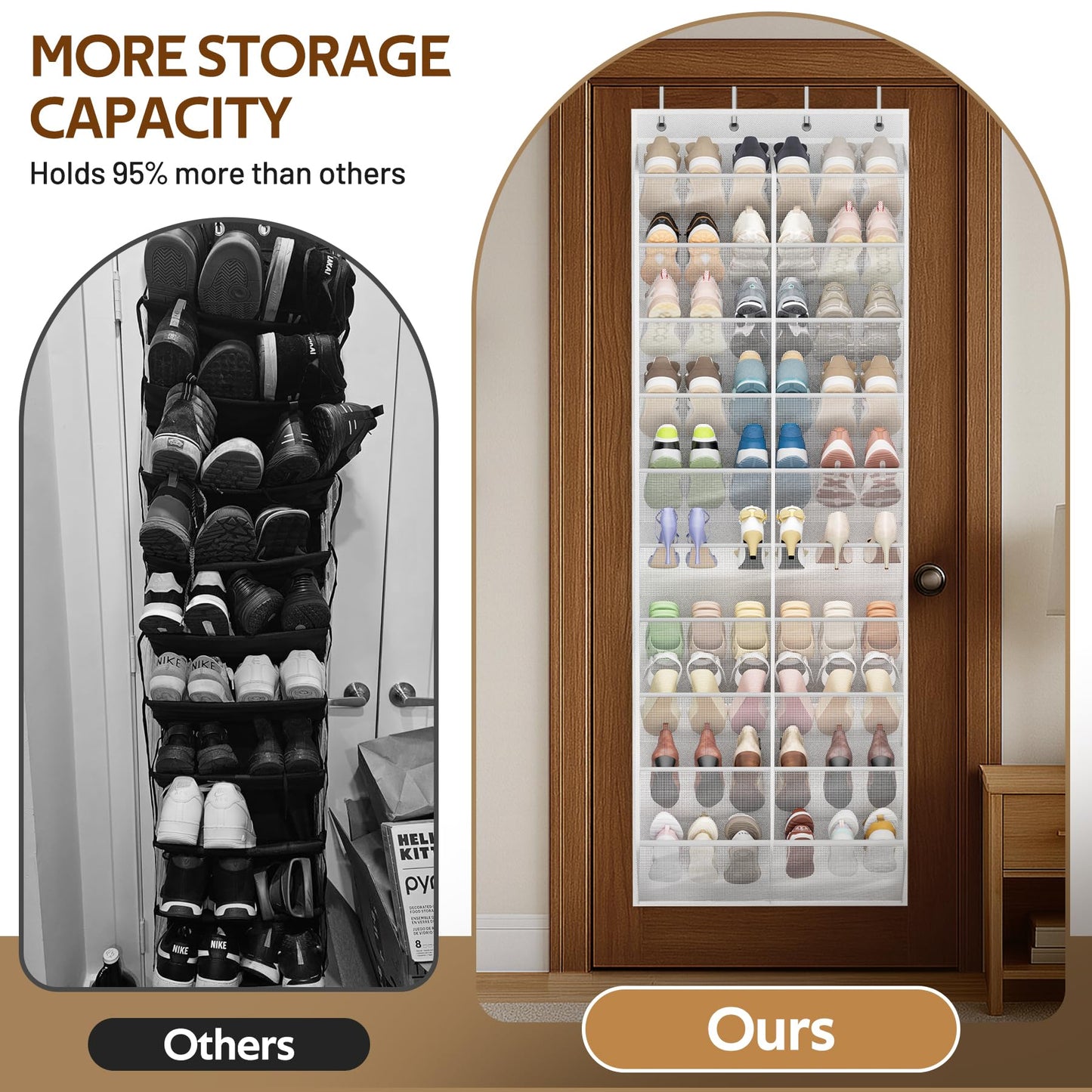 MISSLO 30 Pairs Over the Door Shoe Organizer Breathable Mesh Hanging Shoe Rack for Closet Storage with Wide Deep Pockets 10 Tier Shoes Holder Fit All the Family's Sneakers, Boots, Heels (White, 71")