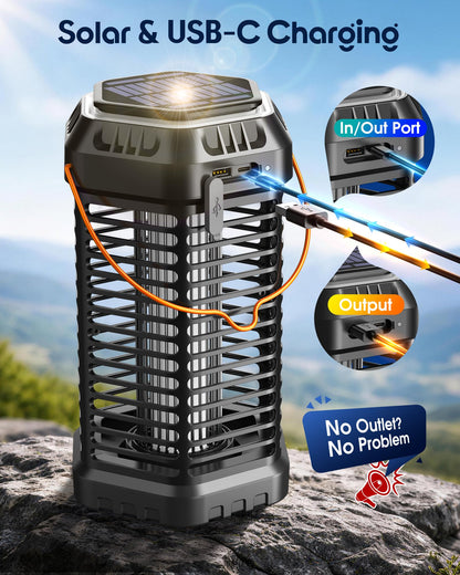Solar Bug Zapper Outdoor & Indoor, 4500V Ultra-Effective Mosquito Zapper, 6000mAh Rechargeable Insect Zapper, Foldable 2-in-1 Light, IP66 Waterproof for Patio, Camping, Bedroom, Kitchen