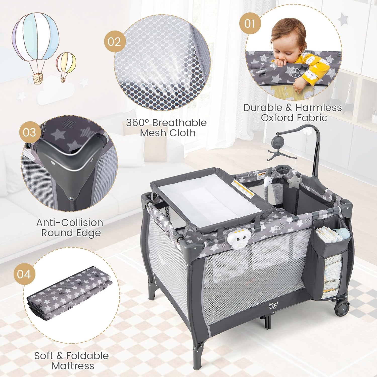 Costzon 3 in 1 Pack and Play with Bassinet, Portable Baby Playard with Changing Table, Music Box, Hangings, Wheels/Brake, Basket, Foldable Infant Bassinet Crib for Baby Toddlers Indoor Outdoor
