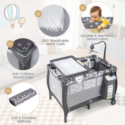Costzon 3 in 1 Pack and Play with Bassinet, Portable Baby Playard with Changing Table, Music Box, Hangings, Wheels/Brake, Basket, Foldable Infant Bassinet Crib for Baby Toddlers Indoor Outdoor