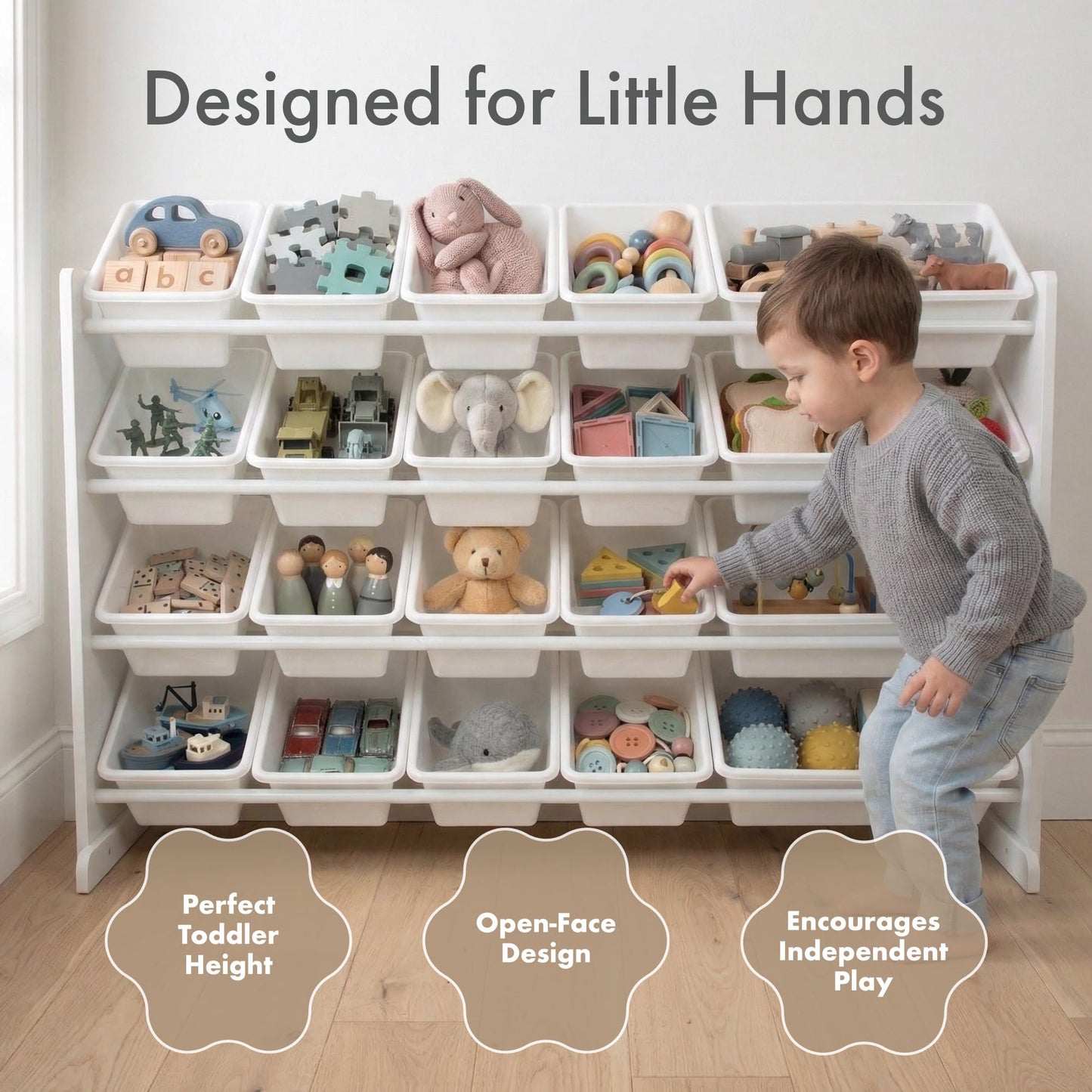 Humble Crew Toy Storage Organizer with 20 Removable Storage Bins for Kids Playroom, 4-Tier Toddler Toy Organization and Storage, Natural/White