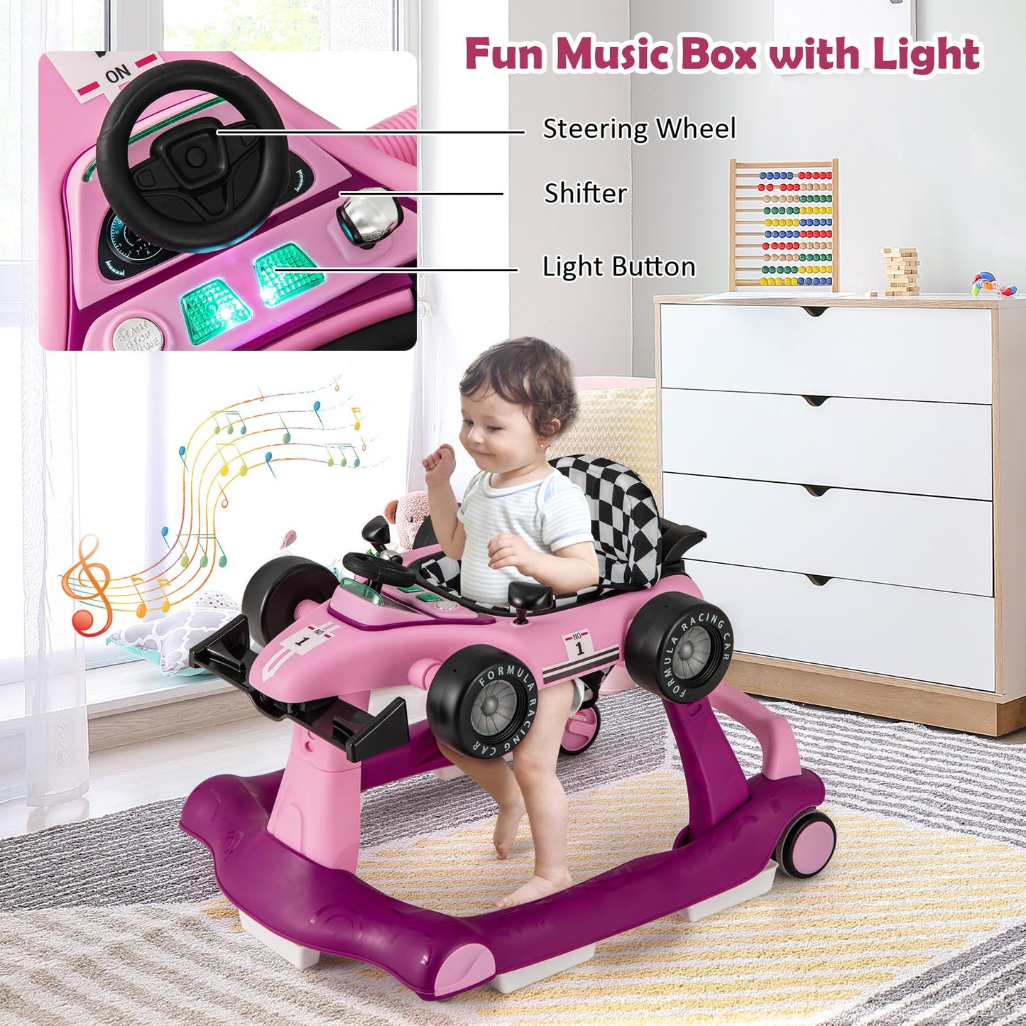 HONEY JOY 4-in-1 Baby Walker, Activity Push Walker w/3 Adjustable Heights, Smooth Wheels w/Adjustable Speed, Padded Seat, Music & Light, Foldable Car Walker for Baby Boys Girls Age 6 Months+ (Blue)