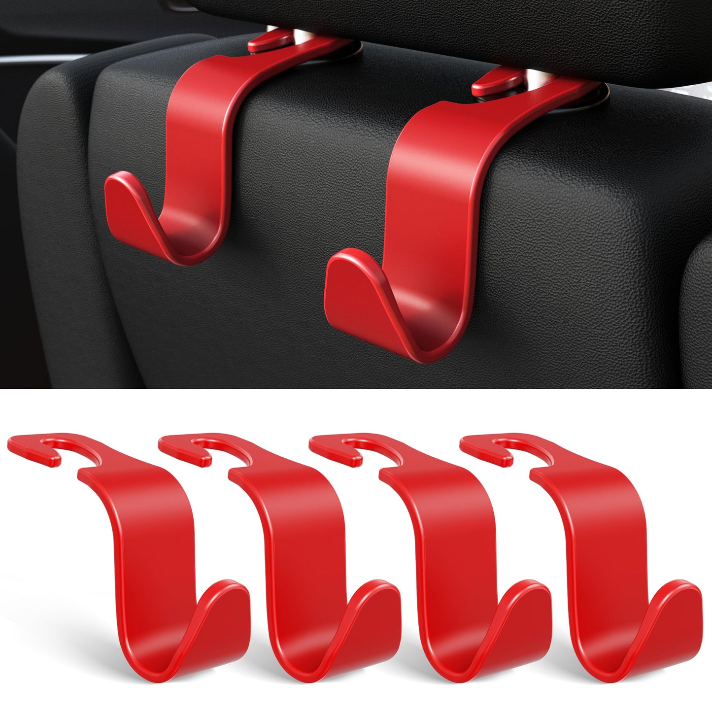 Amooca 4-Pack Car Headrest Hooks Vehicle Storage Organizer for Purses Handbags Groceries Backpack Coats –Holds 55lbs 360° Rotating Black