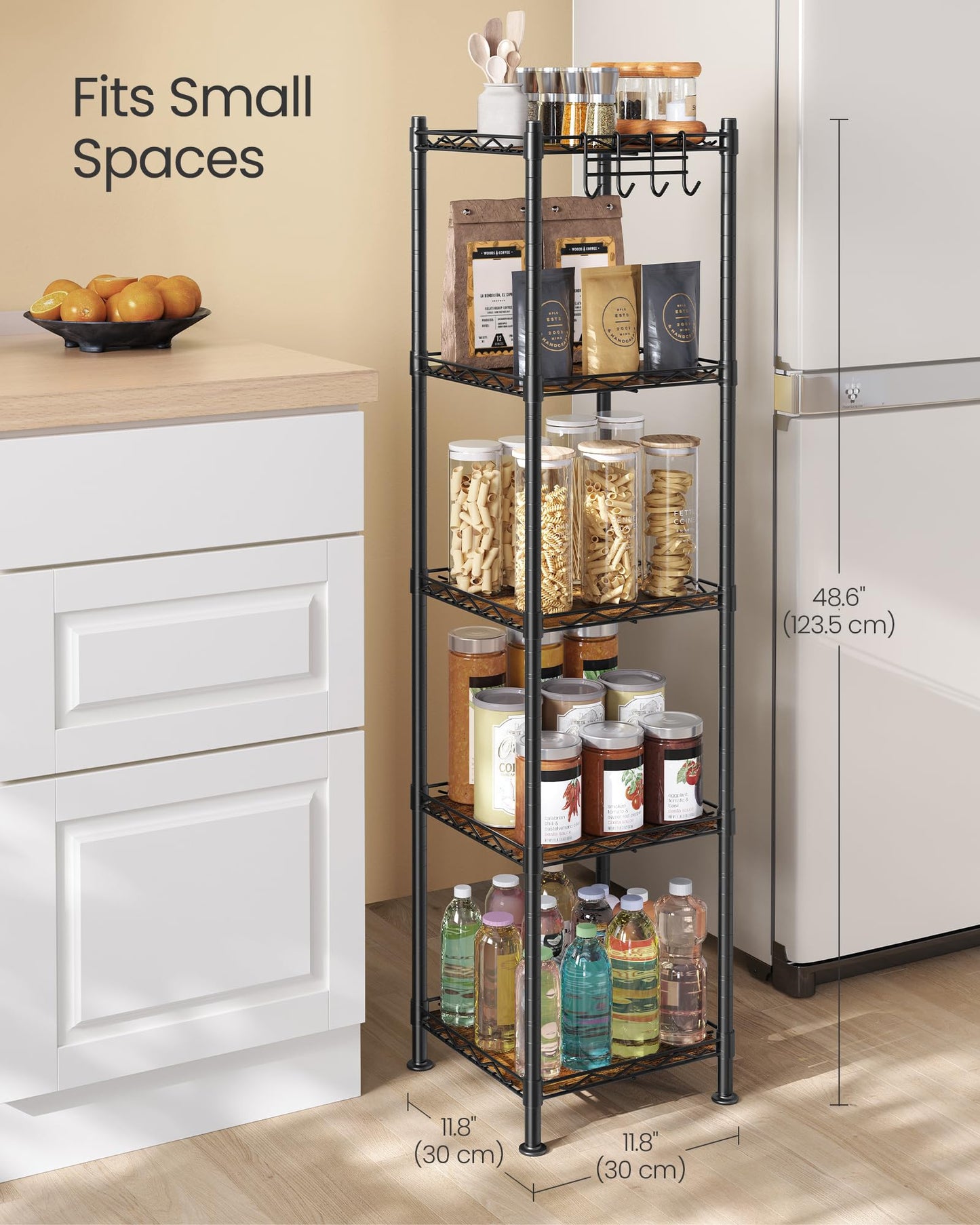 SONGMICS Storage Shelf, Small Metal Wire Shelving Unit, Adjustable Shelves, for Small Spaces, Garage, Bedroom, Living Room, Kitchen, Pantry, 5 Tier, 11.8 x 11.8 x 47.6 Inches, Ink Black ULGR123BH01