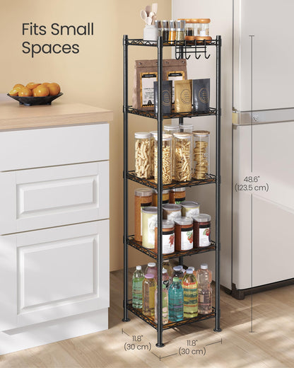 SONGMICS Storage Shelf, Small Metal Wire Shelving Unit, Adjustable Shelves, for Small Spaces, Garage, Bedroom, Living Room, Kitchen, Pantry, 5 Tier, 11.8 x 11.8 x 47.6 Inches, Ink Black ULGR123BH01
