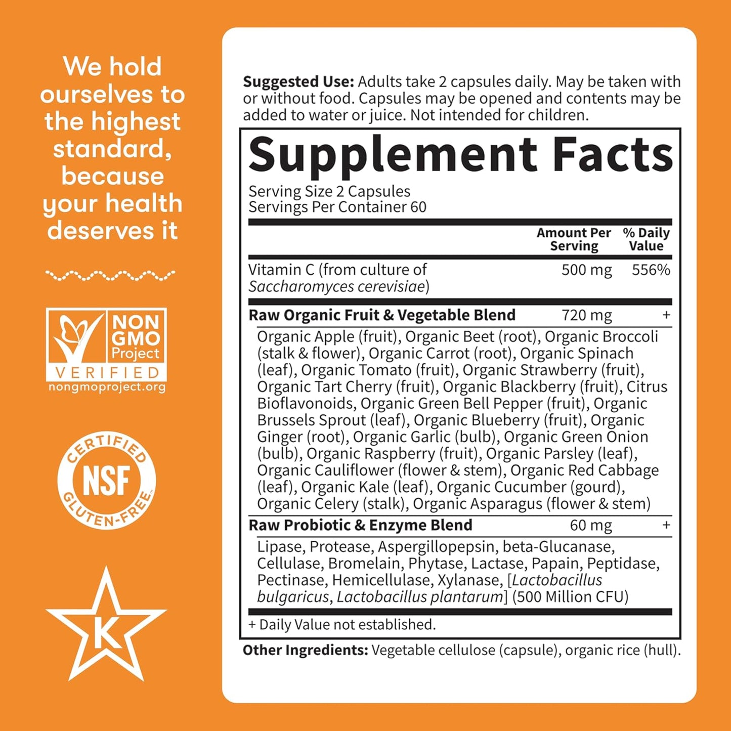 Garden of Life Vitamin Code Raw Vitamin-C, 500mg Whole Food VIT-C Capsules + Fruit & Veggie Blend & Probiotics, Supplements for Adults, Vegan, Gluten Free, 120 Capsules, (Pack of 6)