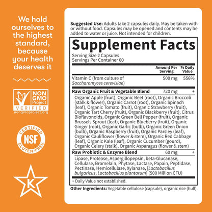 Garden of Life Vitamin Code Raw Vitamin-C, 500mg Whole Food VIT-C Capsules + Fruit & Veggie Blend & Probiotics, Supplements for Adults, Vegan, Gluten Free, 120 Capsules, (Pack of 6)