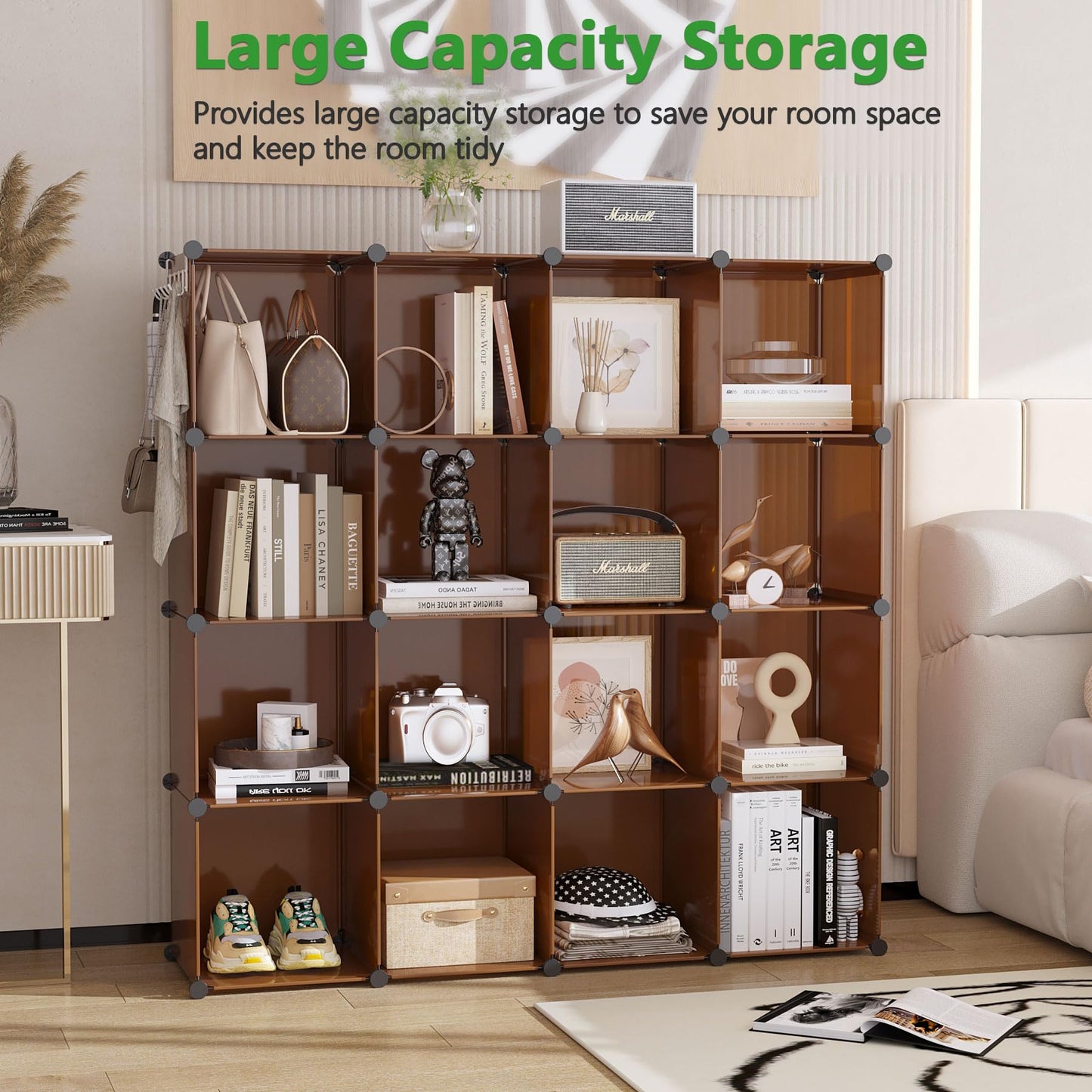 C&AHOME Cube Storage Organizer, 16-Cube Shelves Units, Plastic Storage Cubes, DIY Closet Organizer, Modular Closet Storage Shelves Ideal for Home, Bedroom, 48.4" L × 12.4" W × 48.4" H Black SUM3016H