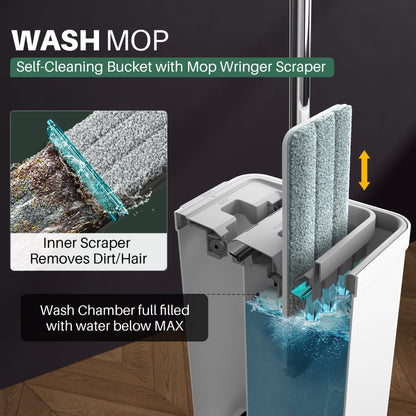 JOYMOOP Wischmopp und Eimer mit Auswringsystem, Freihand-Flachmopp und Eimer, mit 3 waschbaren Mikrofaserpads, Nass- und Trockengebrauch, Bodenreinigungssystem