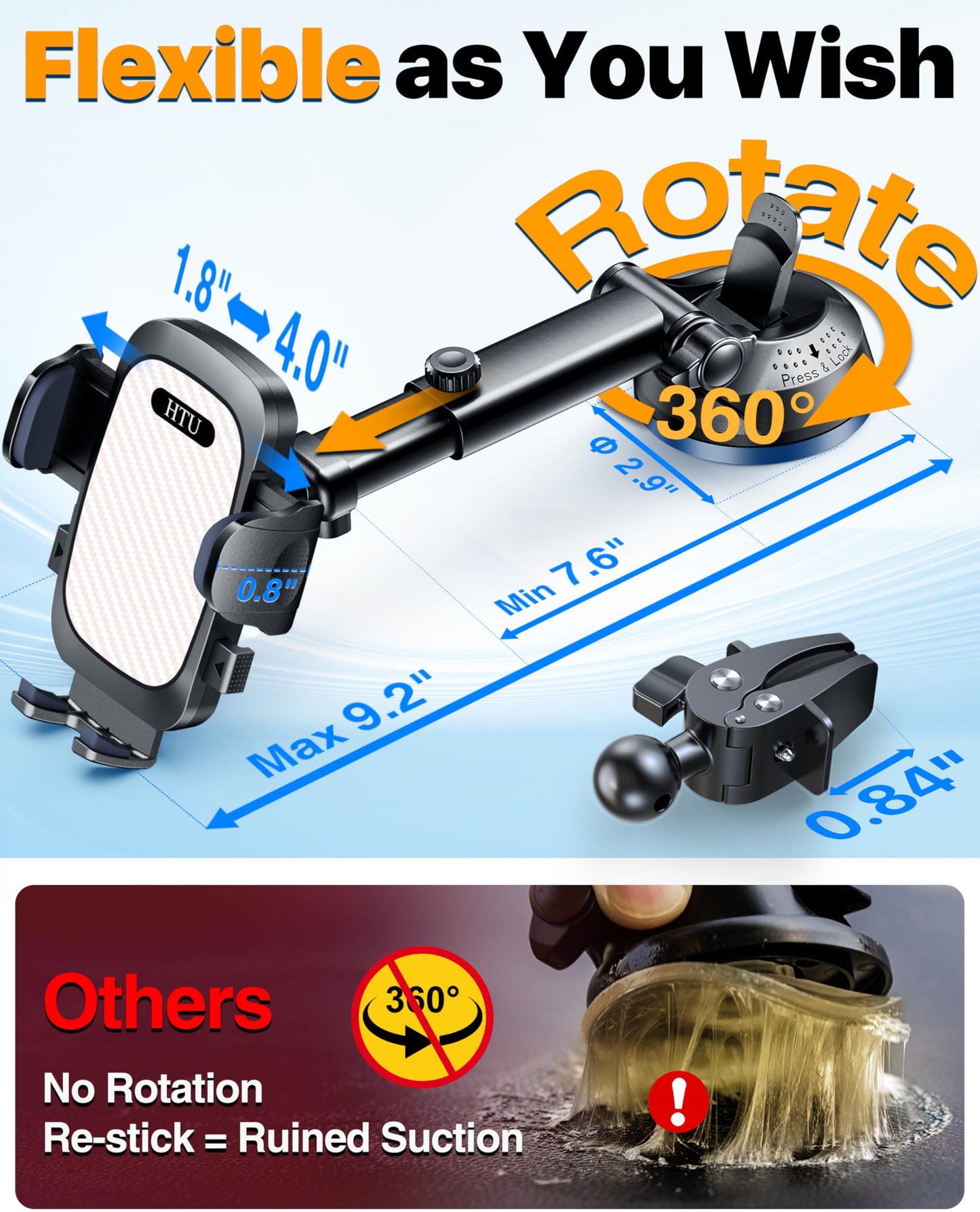 2026 Ultimate Best【True Military-Grade & Safety Cert】Car Phone Holder HTU【Upgraded 360 Rotation & 100+LBS Strongest Suction】5-in-1 Truck Windshield Dashboard Vent Mount Stand for iPhone Android, Black