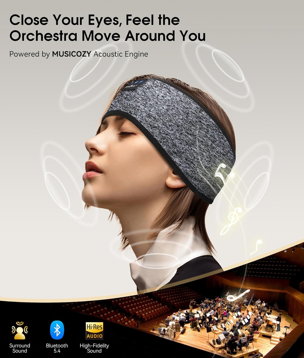 MUSICOZY Bluetooth 5.4 Schlaf-Kopfhörer-Stirnband, kabellose Schlaf-Kopfhörer-Schlafmaske Ohrhörer IPX6 wasserdicht für Seitenschläfer, Training, Laufen, Schlaflosigkeit, Reisen, Yoga, coole Tech-Gadgets, einzigartiges Geschenk