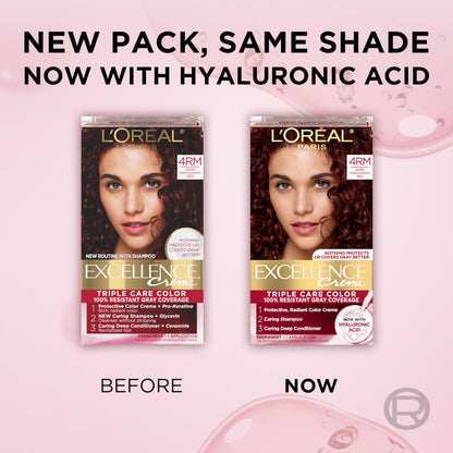 L'Oréal Paris Excellence Crème Permanente Haarfarbe, dreifache Pflegehaarfarbe mit Hyaluronsäure für 100% Grauabdeckung, 4AR Dunkles Schokobraun, 1 Packung (Verpackung kann variieren)