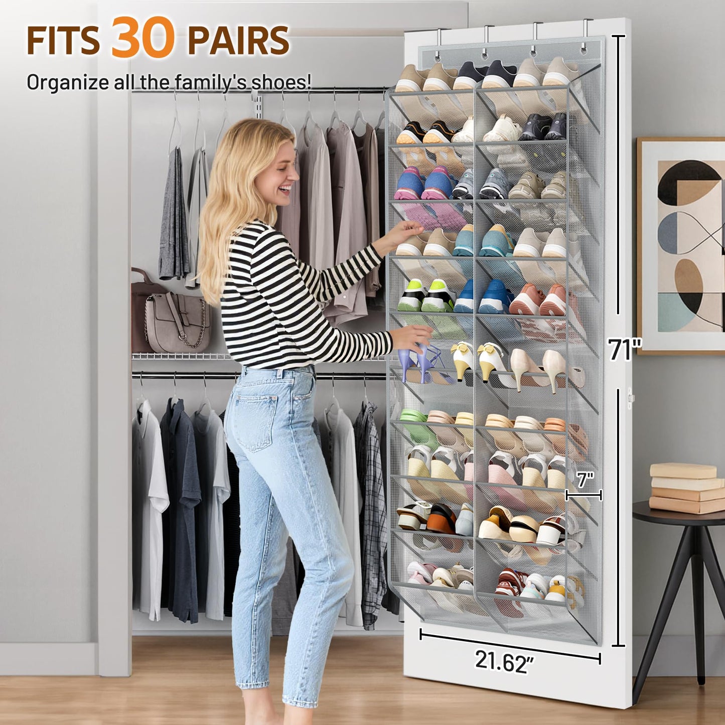 MISSLO 30 Pairs Over the Door Shoe Organizer Breathable Mesh Hanging Shoe Rack for Closet Storage with Wide Deep Pockets 10 Tier Shoes Holder Fit All the Family's Sneakers, Boots, Heels (White, 71")