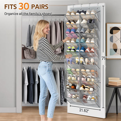 MISSLO 30 Pairs Over the Door Shoe Organizer Breathable Mesh Hanging Shoe Rack for Closet Storage with Wide Deep Pockets 10 Tier Shoes Holder Fit All the Family's Sneakers, Boots, Heels (White, 71")