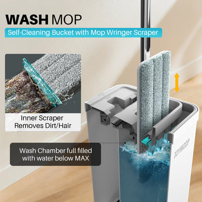 JOYMOOP Wischmopp und Eimer mit Auswringsystem, Freihand-Flachmopp und Eimer, mit 3 waschbaren Mikrofaserpads, Nass- und Trockengebrauch, Bodenreinigungssystem
