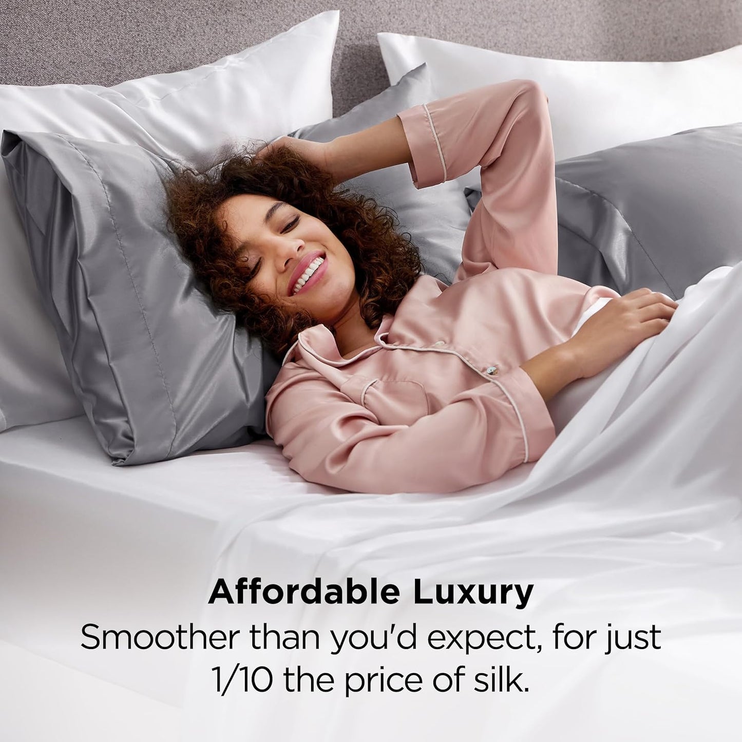 Bedsure Satin-Kissenbezug, Queen-Size, 2er-Pack, Seidenkissenbezügen ähnlich, seidige Kissenhüllen mit Hotelverschluss, Raumdeko, Valentinsgeschenke für Frauen und Männer, Grau, 50x75 cm