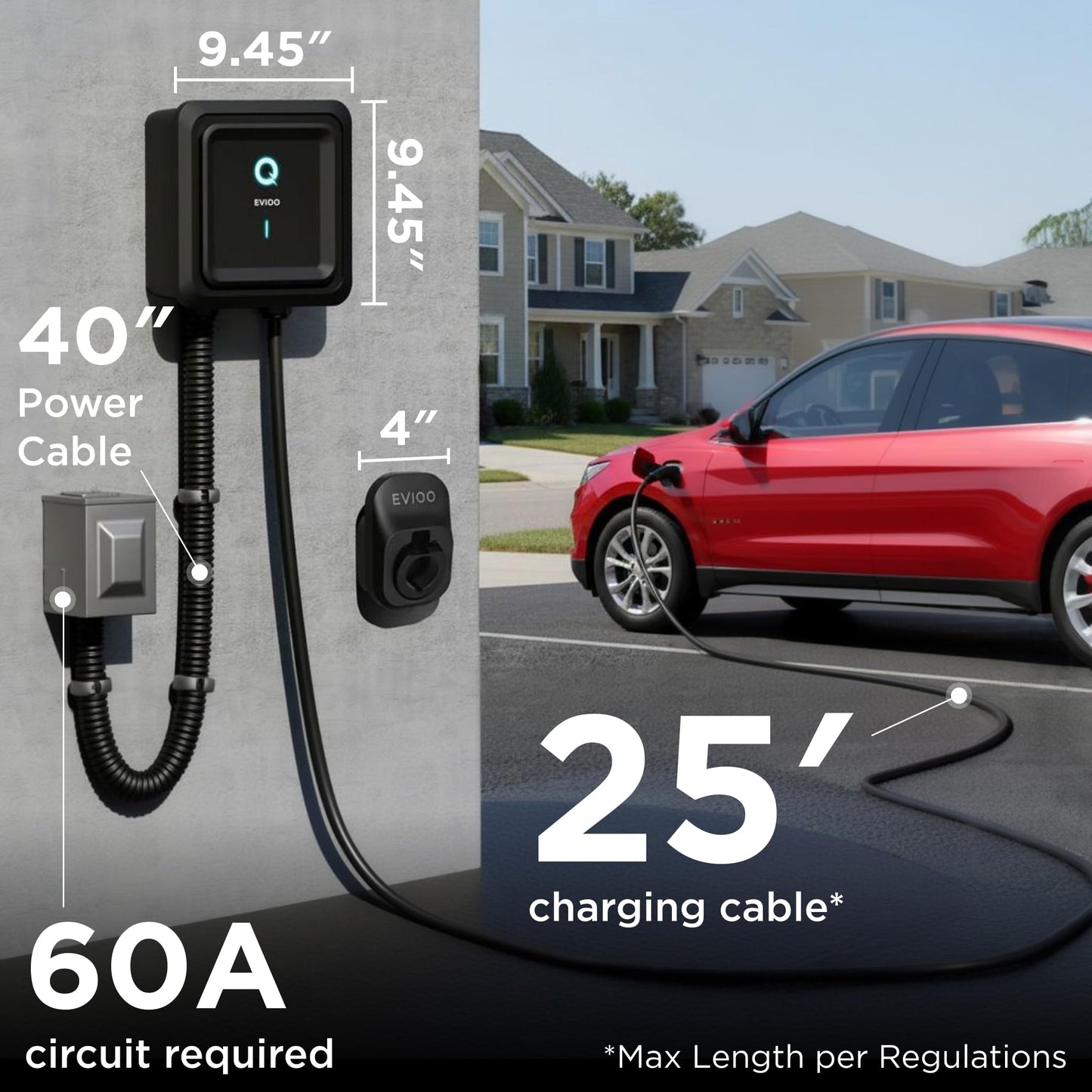 EVIQO Level 2 EV Charger, 40 Amp 240V, J1772 for Non-Tesla EVs, 25ft Cable, WiFi (2.4GHz) Smart App, Weatherproof Indoor/Outdoor (IP66, NEMA 4), UL & ETL Certified, NEMA 14-50 Plug-in, 9.6kW