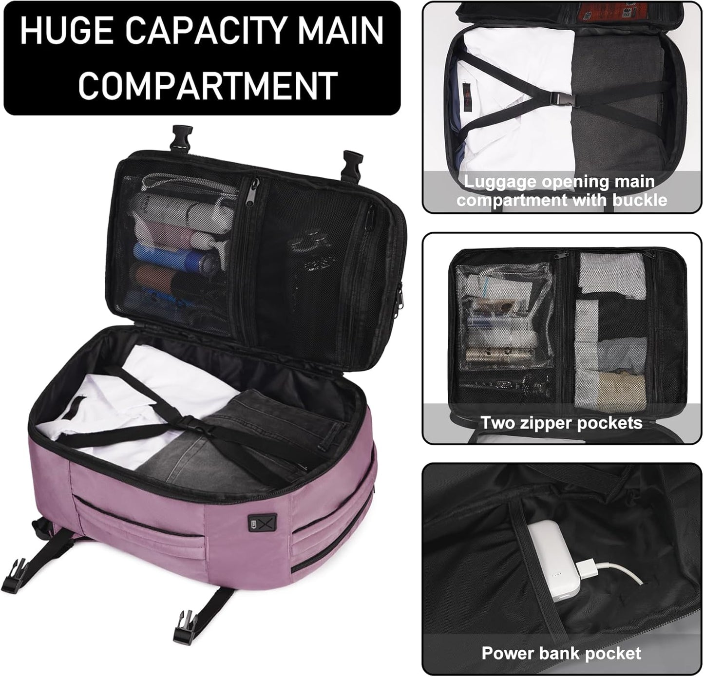 ECOHUB 16'' Reise-Rucksack Handgepäck Unterseat-Rucksack Persönlicher Gegenstand Flugzeug-Reisetasche mit 13 Taschen Handgepäck Flaschenhalter USB-Ladeanschluss Casual Daypack für Frauen Männer Schwarz