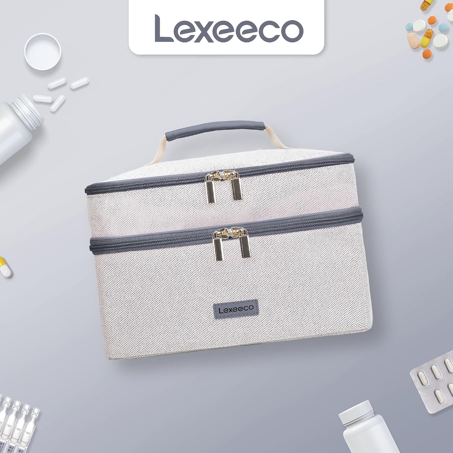 Lexeeco Medicine Bag for Traveling, Dual Layers Medicine Pill Organizer Medication Pill Bottle Storage with Lockable Zipper, Medical Supplies First Aid Kit,Home Storage for Pills, Vitamins (Dark Grey)