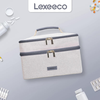 Lexeeco Medicine Bag for Traveling, Dual Layers Medicine Pill Organizer Medication Pill Bottle Storage with Lockable Zipper, Medical Supplies First Aid Kit,Home Storage for Pills, Vitamins (Dark Grey)