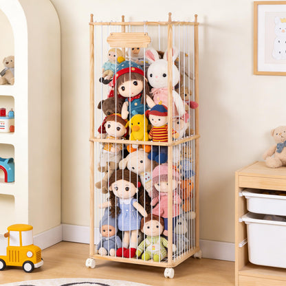TANONE Stuffed Animal Storage - Wooden Large Organizer Holder for Playroom - Plush Zoo Animals Holder with Elastic Cords & Brake Wheel for Toddler Bedroom Toy Stuff Organization
