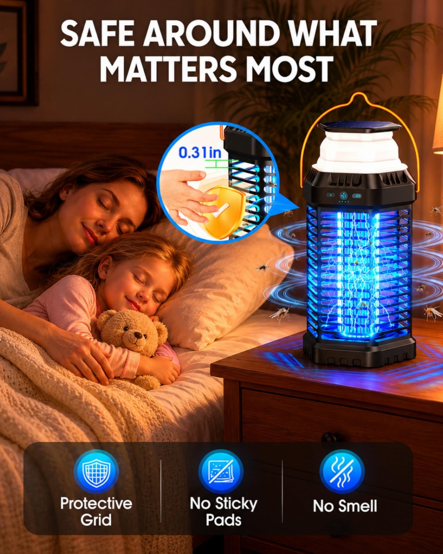 Solar Bug Zapper Outdoor & Indoor, 4500V Ultra-Effective Mosquito Zapper, 6000mAh Rechargeable Insect Zapper, Foldable 2-in-1 Light, IP66 Waterproof for Patio, Camping, Bedroom, Kitchen