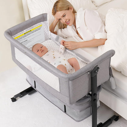 Baby Bassinet, 3 in 1 Bedside Bassinets for Baby, Bassinet Bedside Sleeper with Wheels, Adjustable Height with Rocking Mode, Breathable Mesh, Storage Basket, Easy Assemble & Folding (Dark Gray)
