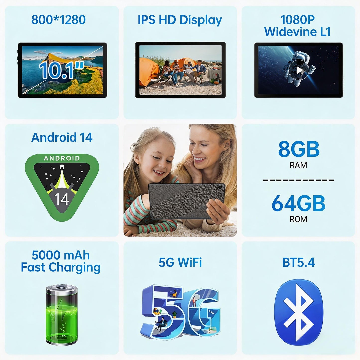 Tablet 10.1" Android Tablet, Octa-Core Processor, 10GB RAM+128GB ROM 1TB Expandable, Widevine L1 1280x800 IPS HD Touchscreen, 5MP+8MP Dual Camera Face Unlock, 5000mAh Battery WiFi 6 BT5.3,Gray